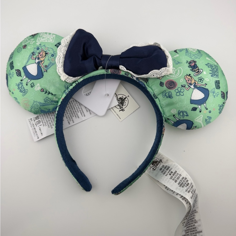Disney Green Alice Print Minnie Ear Headband with Navy Bow